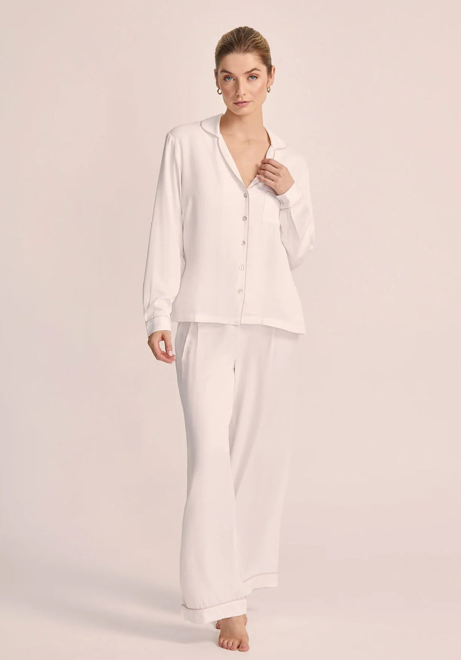 White Eva Long Pyjama Set with Blush Piping