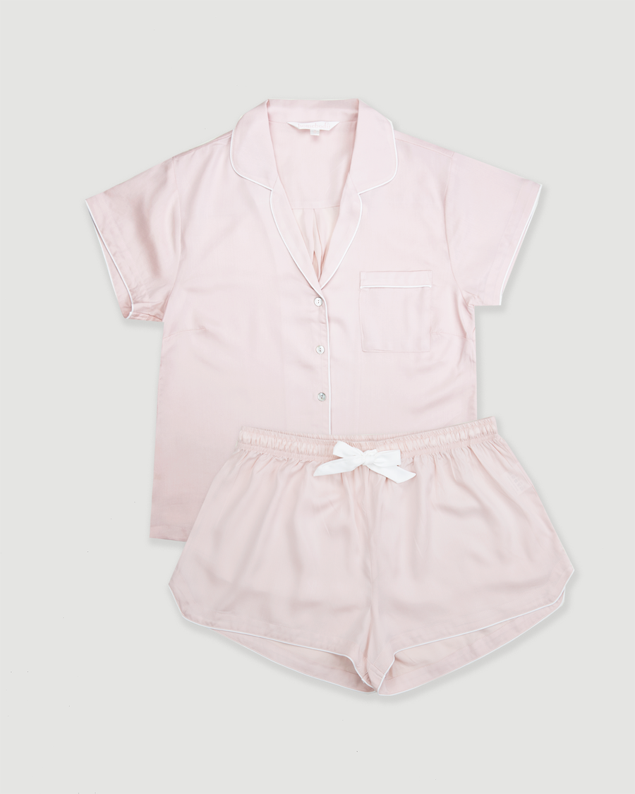 Eva Long Tencel™ Womens Pyjama Set White With Blush Piping